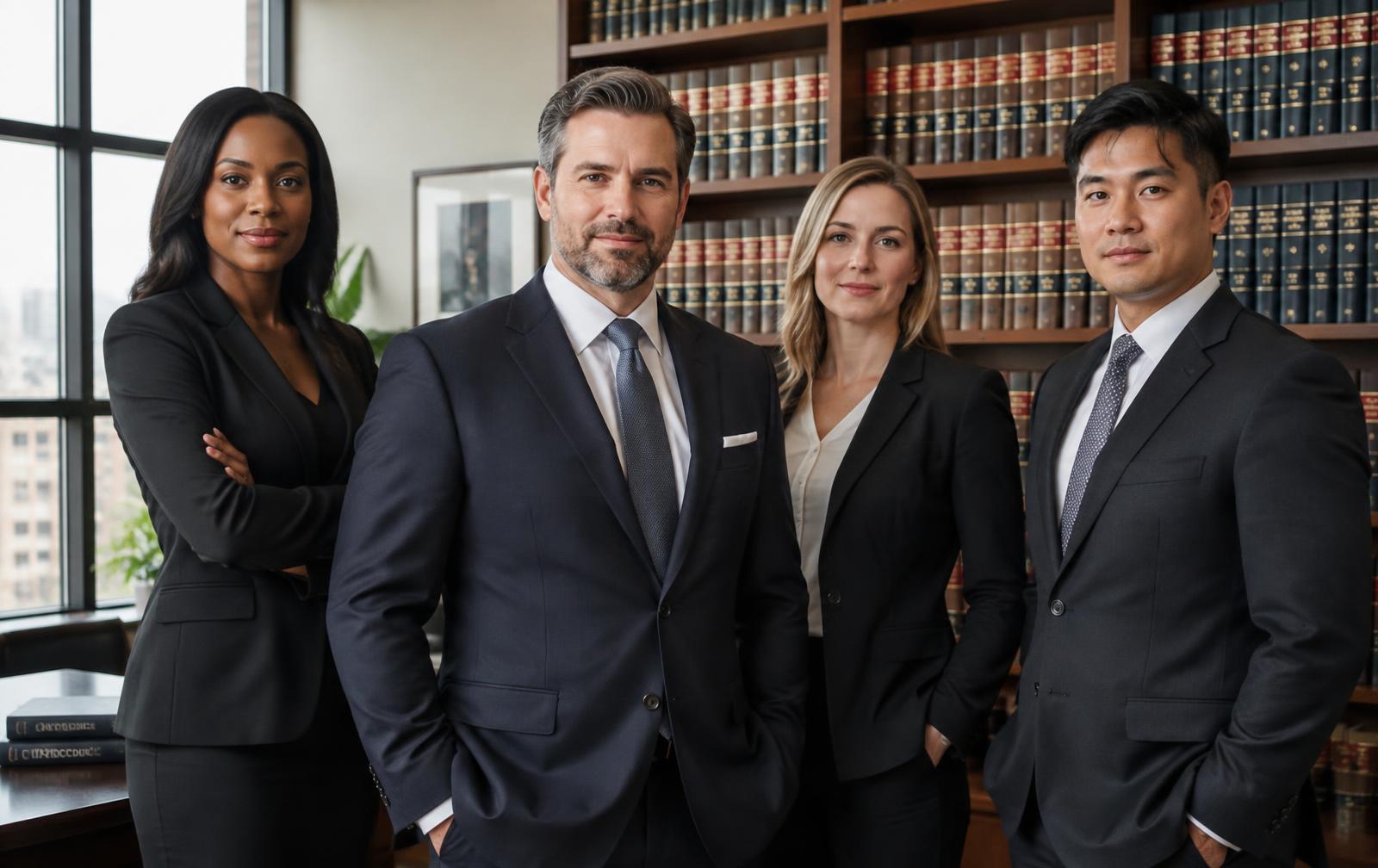 Attorneys in dark suits standing in a law library